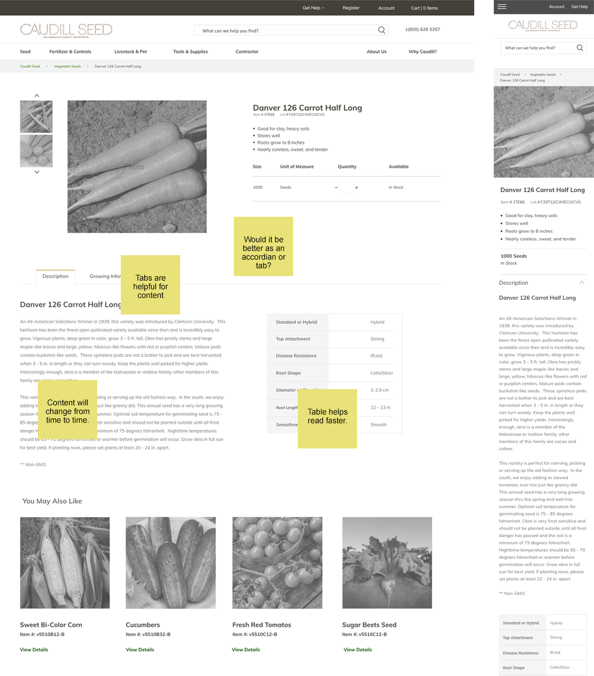 Caudill Seed PDP Wireframe - Notes